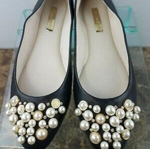 Louise et Cie leather flats black. Faux pearl accent semi pointed toes